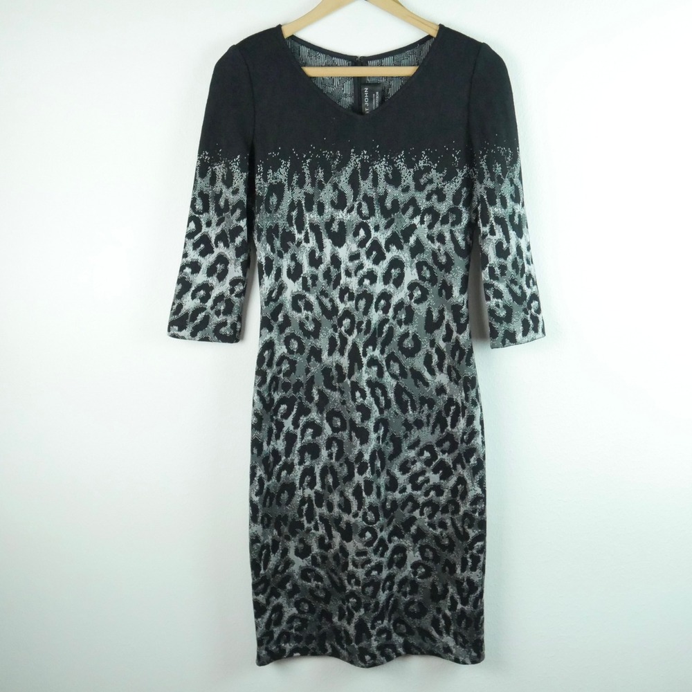 St. John‎ Collection Leopard Print Knit V-Neck Sheath Dress Black Gray Size 2